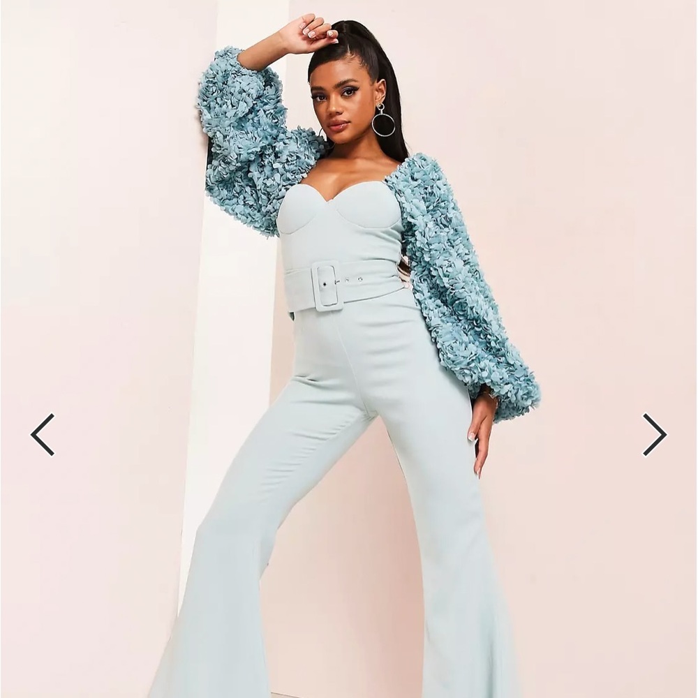 ASOS LUXE 3D Blue Ruffle floral sleeve jumpsuit with belt in blue